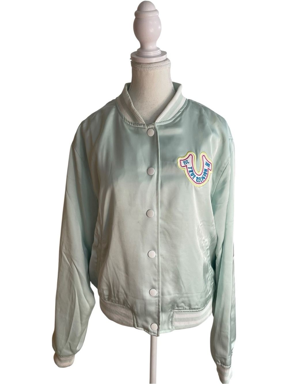 True Religion Jeans Satin Bomber Varsity Jacket Green